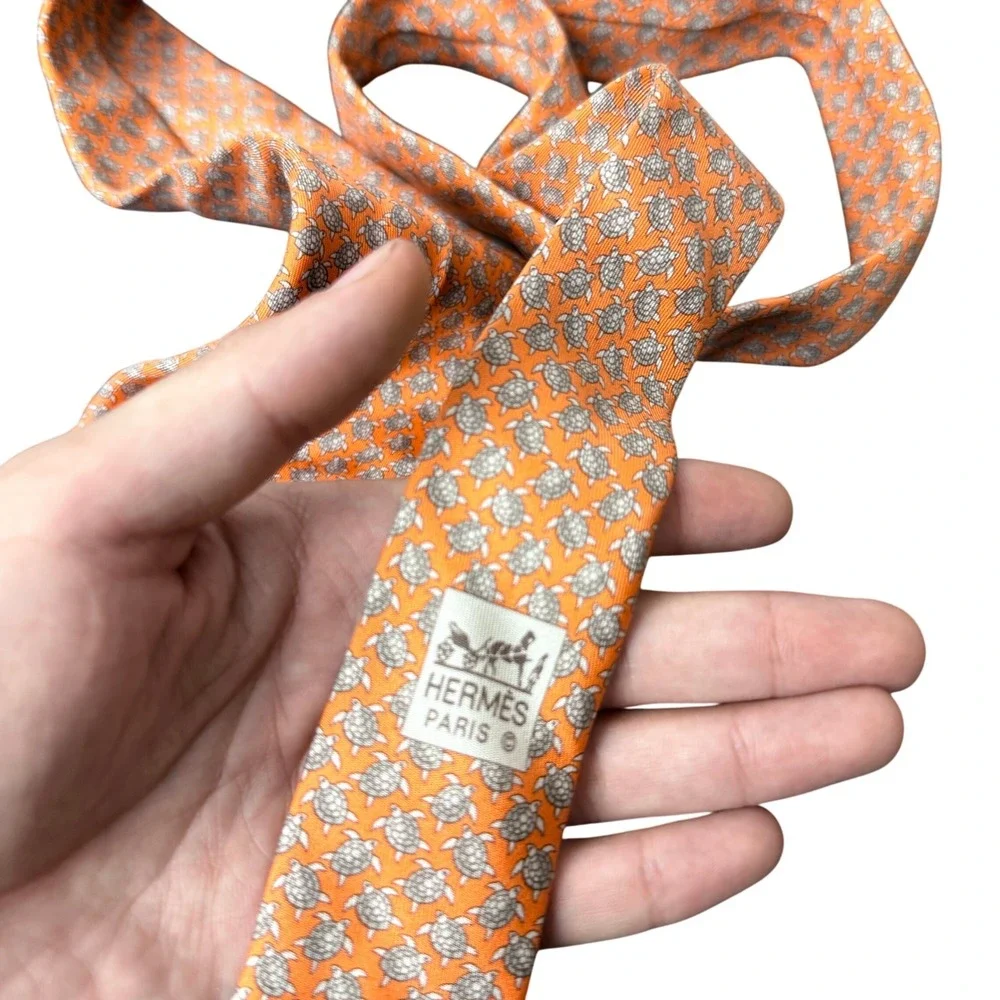 Hermes Silk Tie Mens Orange Sea Turtle Animal Print 5445 FA France